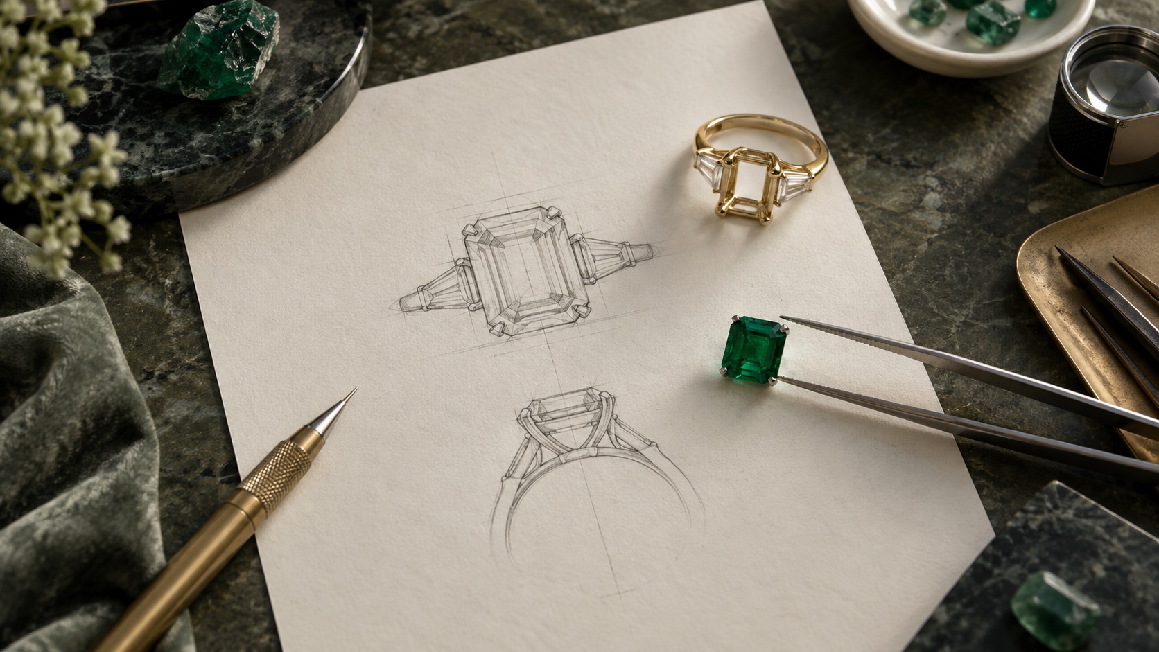 An emerald, gold ring mount and pencil sketch, illustrating a bespoke design concept
